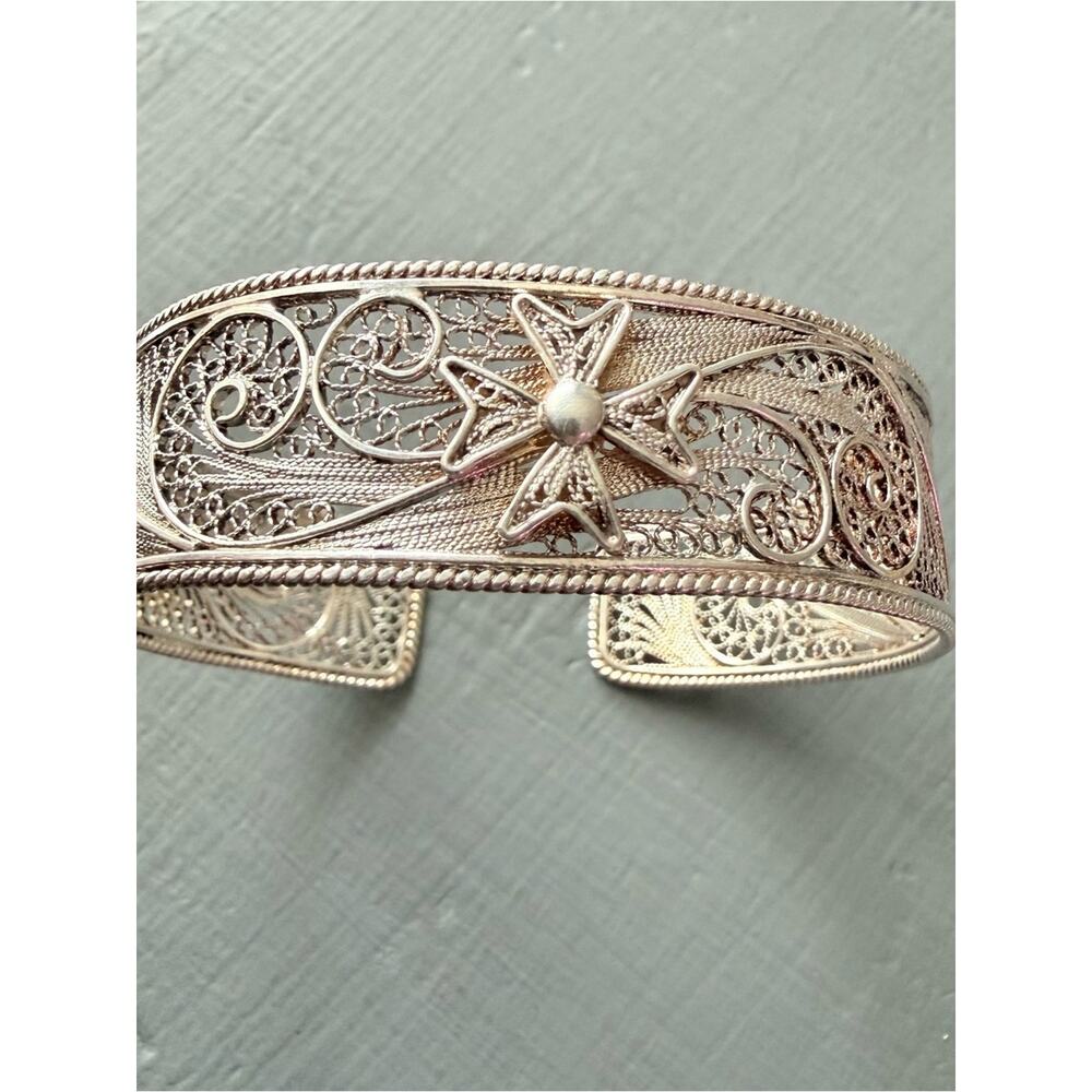 925 Sterling Silver Cuff Maltese cross filigree cuff bracelet - Picture 12 of 13